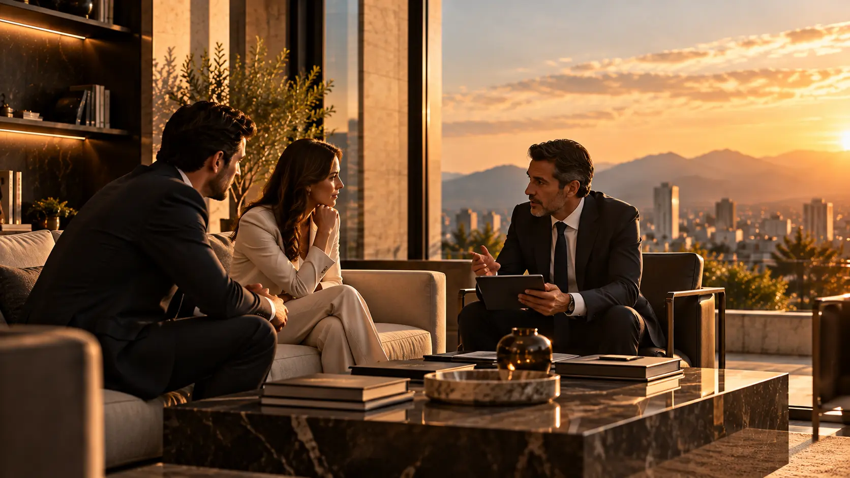 Asesor financiero conversa con una pareja en un salón con vista a la ciudad al atardecer