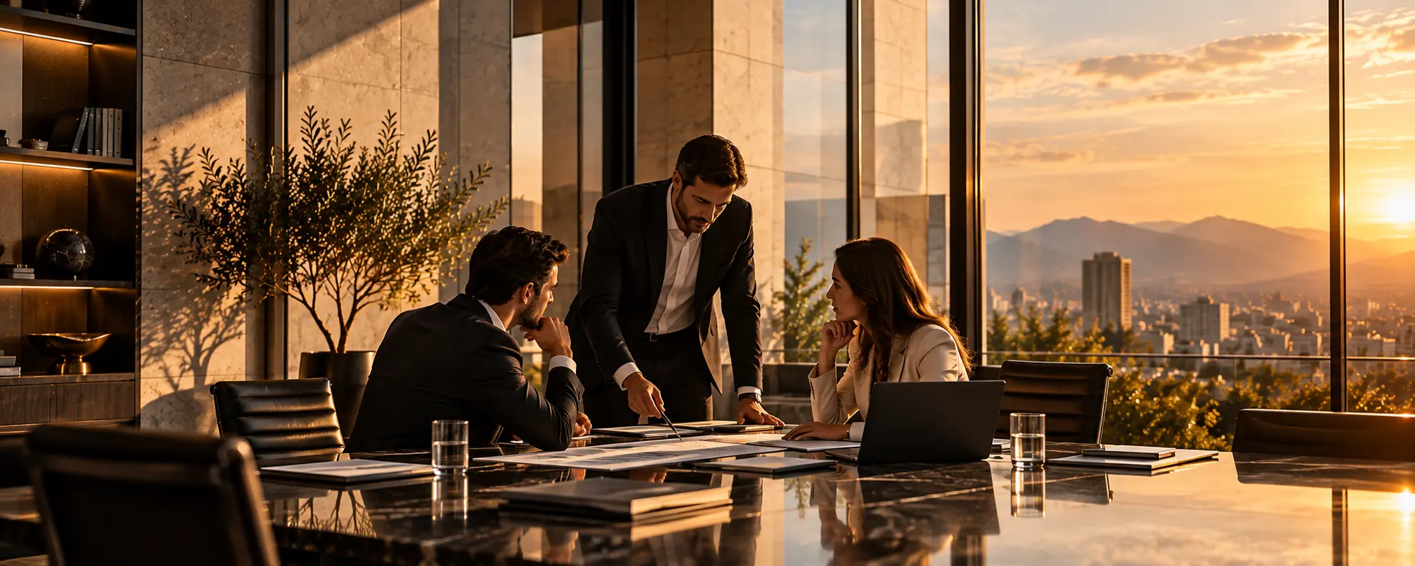 Tres profesionales revisan documentos en una sala de juntas con vista a la ciudad al atardecer