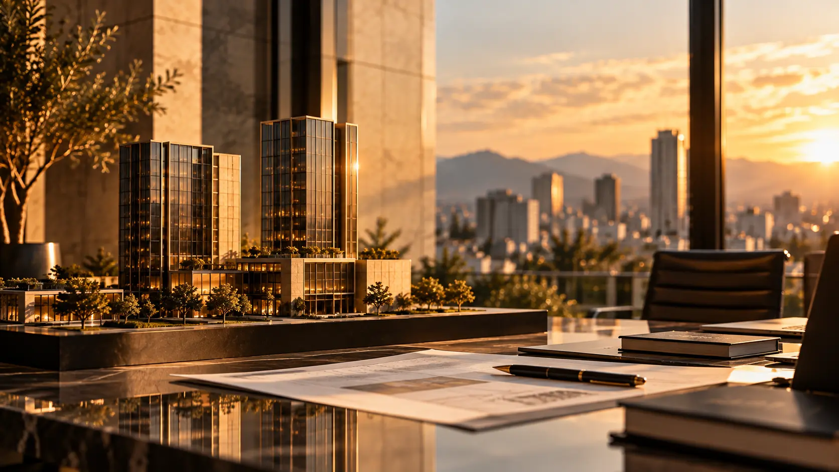 Maqueta de edificios corporativos sobre un escritorio con planos y vista a la ciudad al atardecer